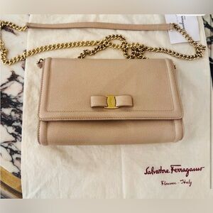 Salvatore Ferragamo Tan Leather Crossbody Bag - Gold & leather removable chain